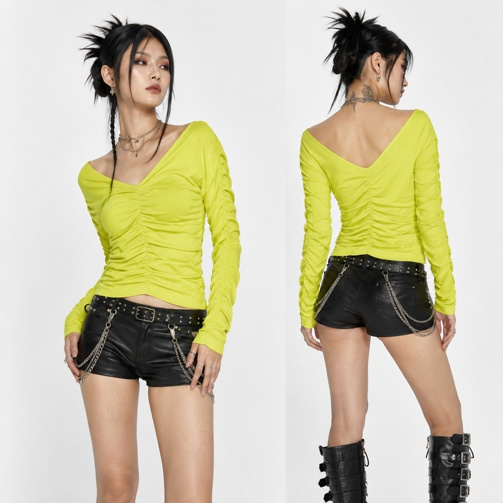 Helmut Lang Ruched Top Women XS/S Neon Yellow V-Neck Long Sleeve Avant Garde